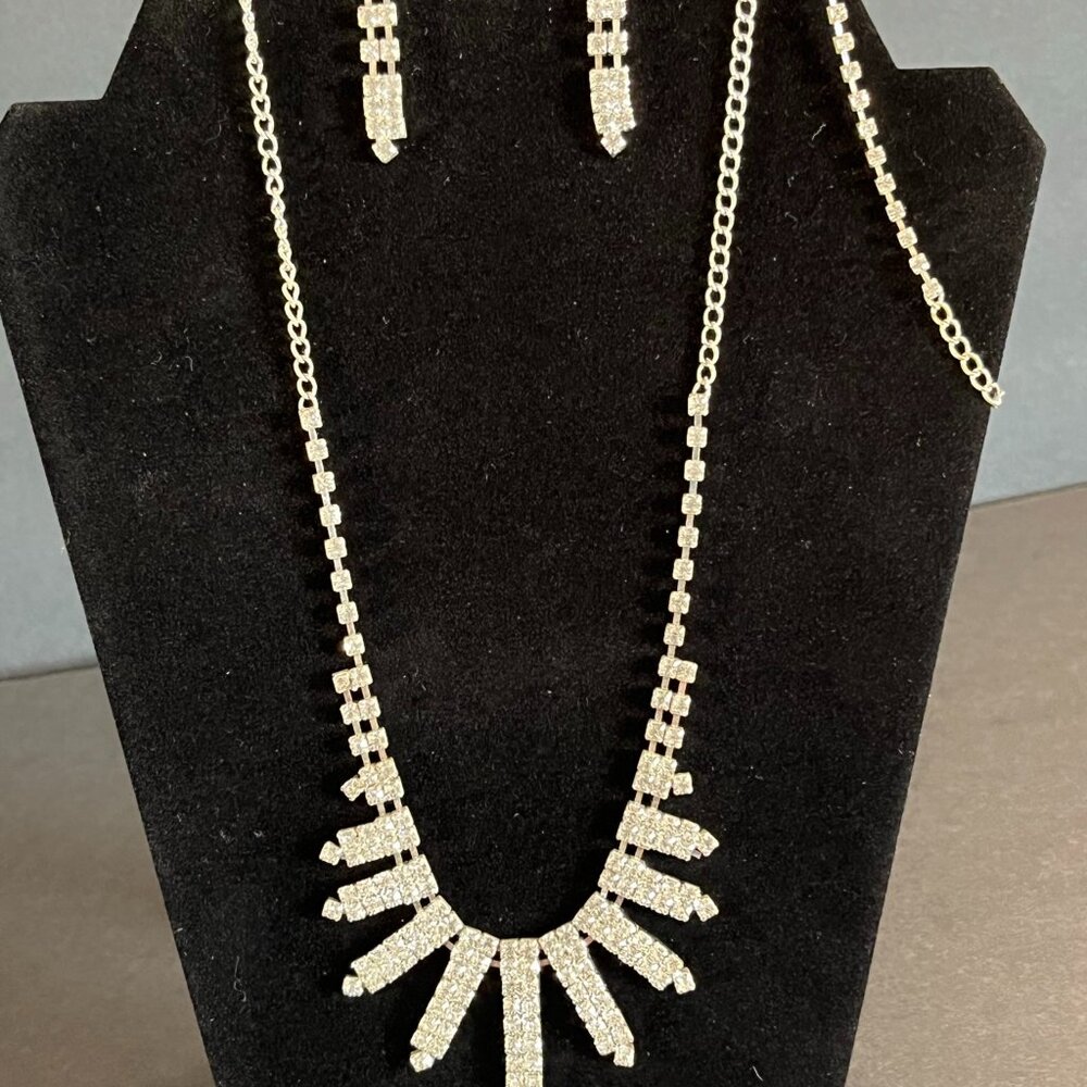 NWOT silver set with faux diamonds - necklace, bracelet, and pierced dangle ear